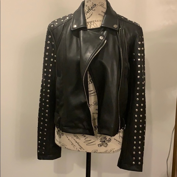 Black leather zip up jacket with silver buttons - Picture 2 of 6